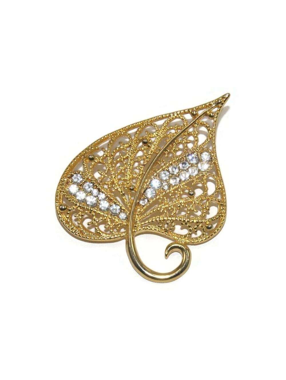 Vintage Gold Tone and Rhinestones Leaf Brooch.